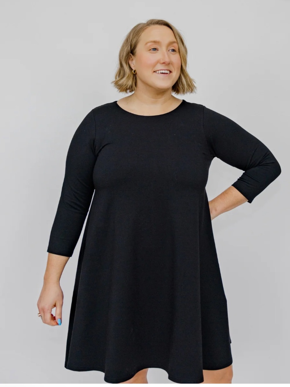 Classic Black 3/4 Sleeve Swing Dress